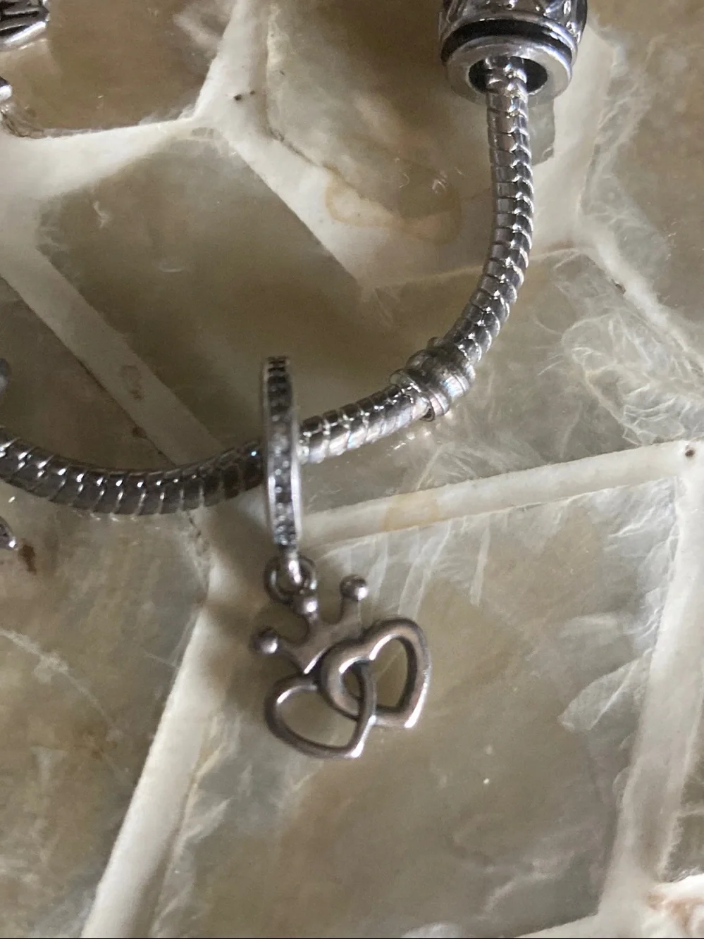 Pandora Moments snake chain barrel clasp bracelet w/6 charms